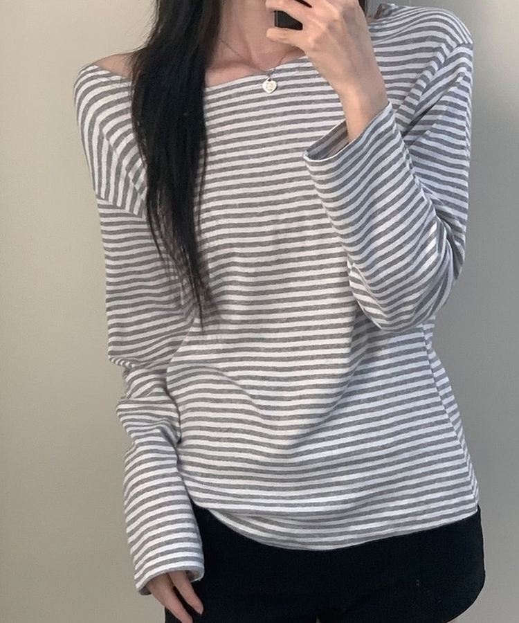 붙지 않는 레귤러핏 스탠다드 와이드넥 단가라 스트라이프 간절기 봄가을 긴팔티셔츠 t 3color 그레이