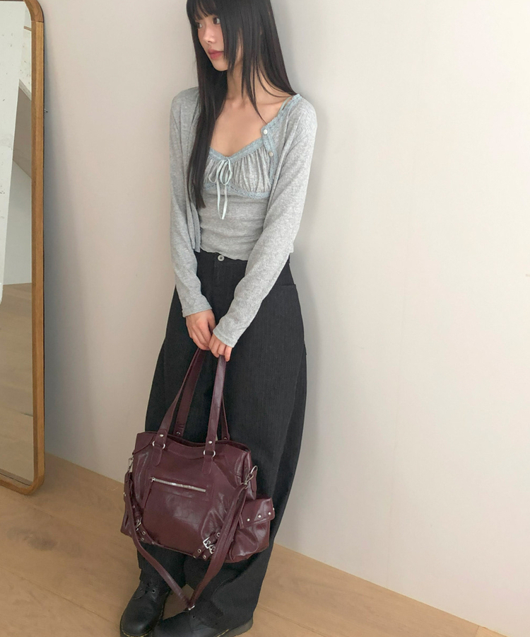 スタッドレザーショルダーバッグ BURGUNDY