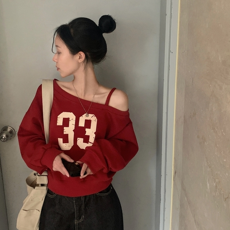 드롭 원오프 넘버 레터링 오프숄더 맨투맨긴팔티셔츠