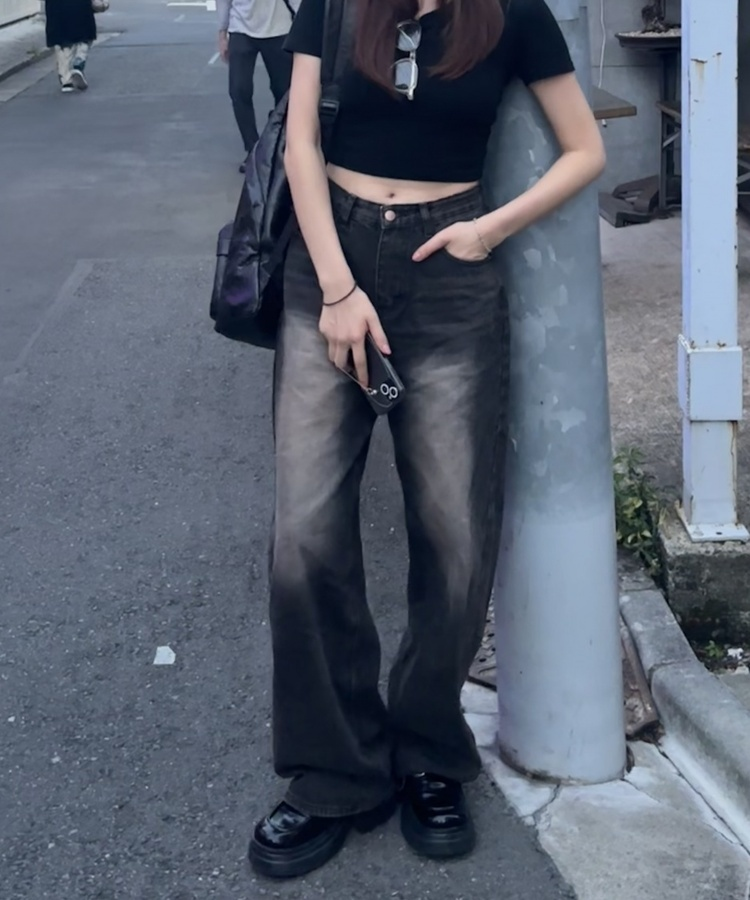 히츠 빈티지 워싱 와이드 데님 팬츠 흑청