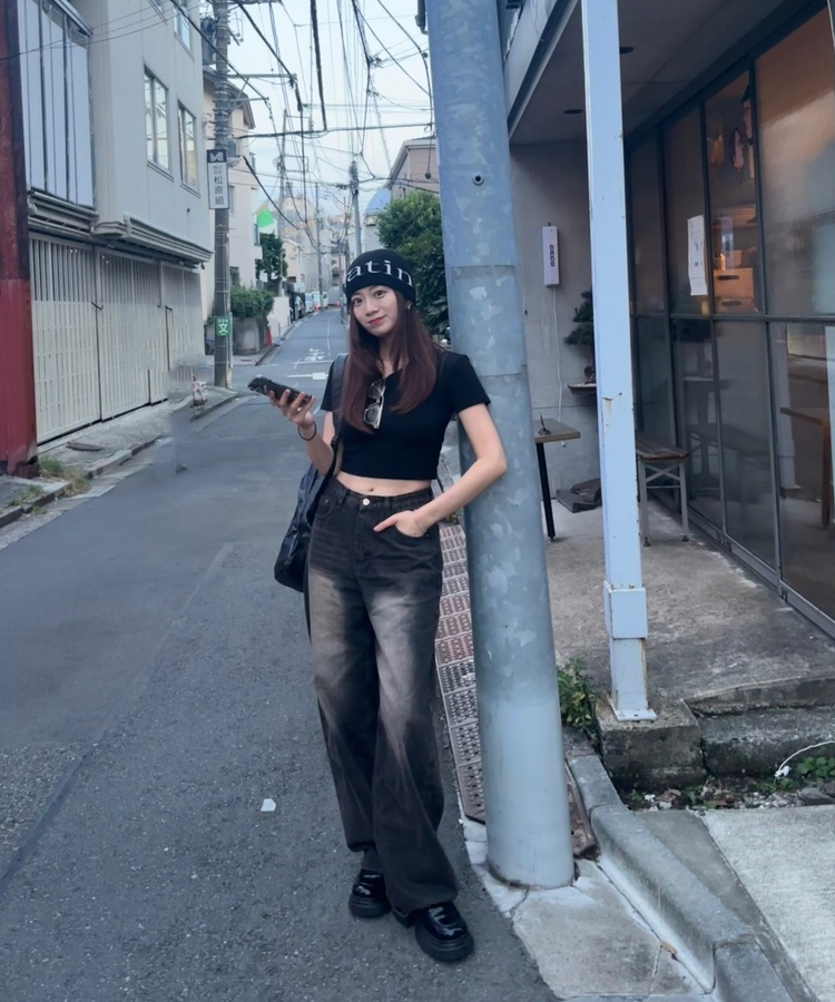 히츠 빈티지 워싱 와이드 데님 팬츠 흑청