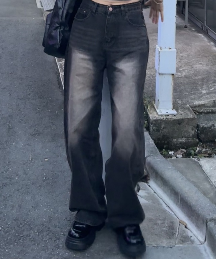 히츠 빈티지 워싱 와이드 데님 팬츠 흑청