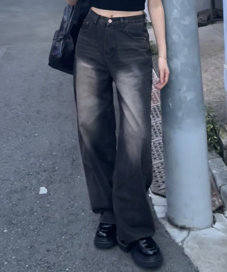 히츠 빈티지 워싱 와이드 데님 팬츠 흑청