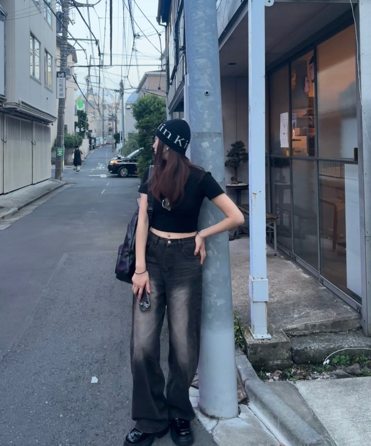 히츠 빈티지 워싱 와이드 데님 팬츠 흑청