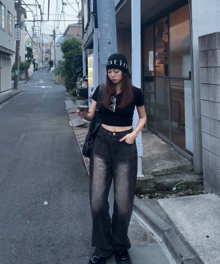 히츠 빈티지 워싱 와이드 데님 팬츠 흑청