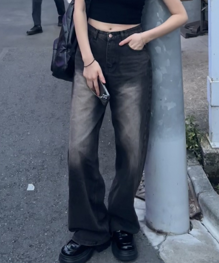 히츠 빈티지 워싱 와이드 데님 팬츠 흑청