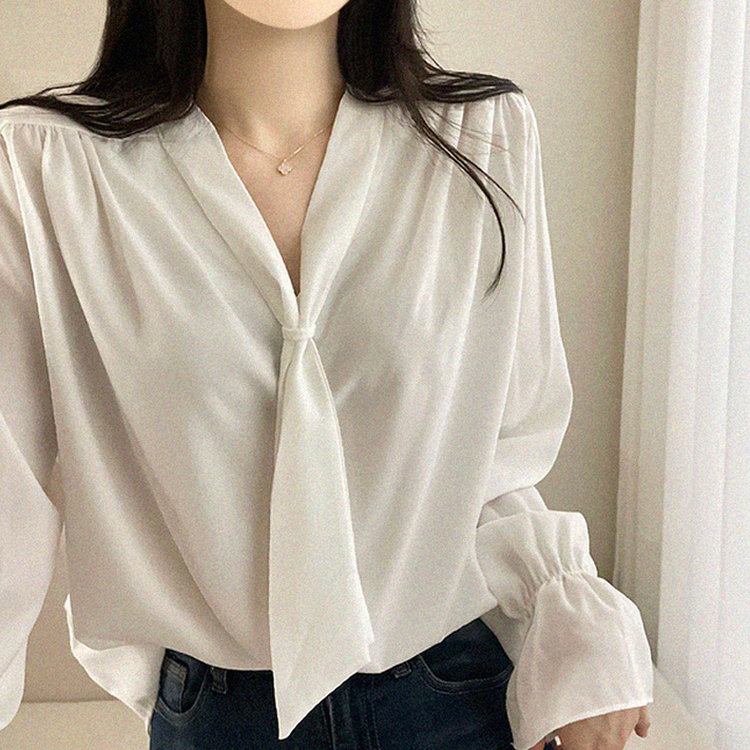 아델 타이 찰랑 리본 셔링 블라우스