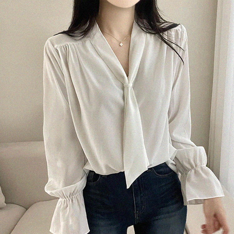 아델 타이 찰랑 리본 셔링 블라우스