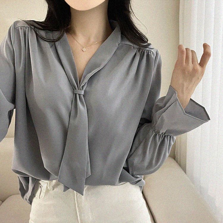 아델 타이 찰랑 리본 셔링 블라우스