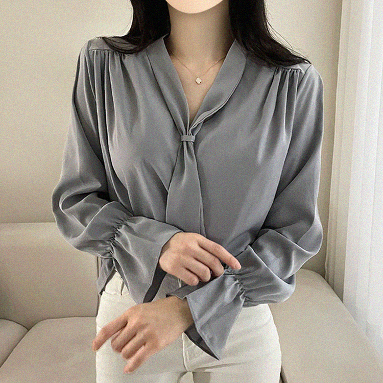 아델 타이 찰랑 리본 셔링 블라우스