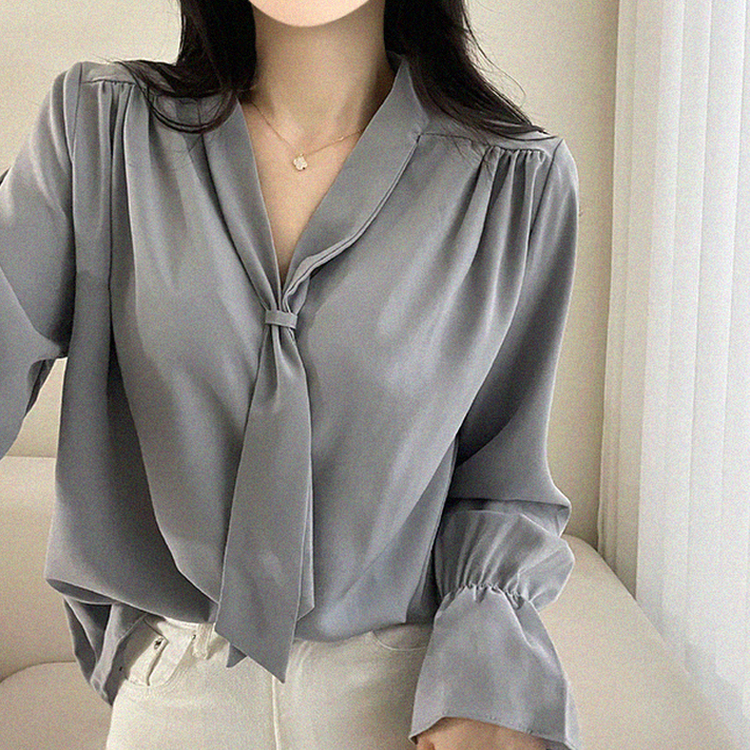 아델 타이 찰랑 리본 셔링 블라우스