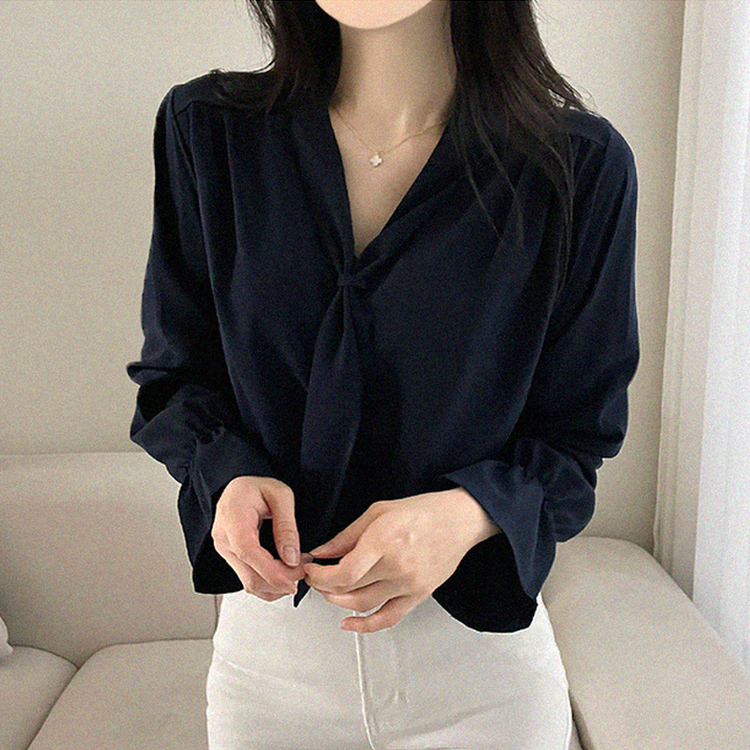 아델 타이 찰랑 리본 셔링 블라우스