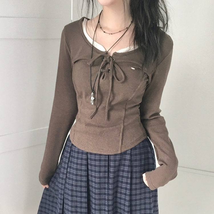 아일렛 레이어드 팬던트 리본 슬림 굴림 긴팔티셔츠