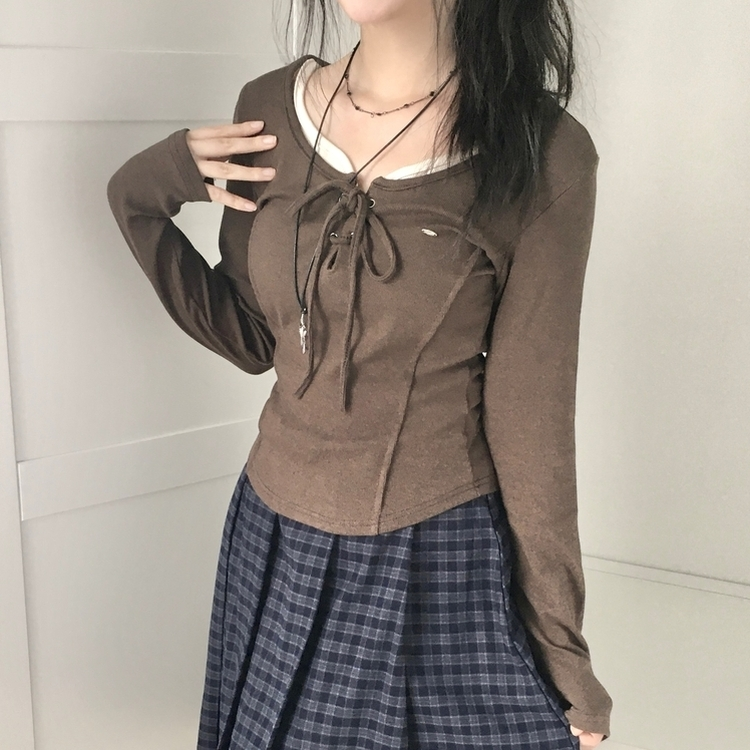 아일렛 레이어드 팬던트 리본 슬림 굴림 긴팔티셔츠