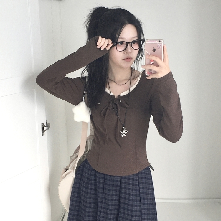 아일렛 레이어드 팬던트 리본 슬림 굴림 긴팔티셔츠