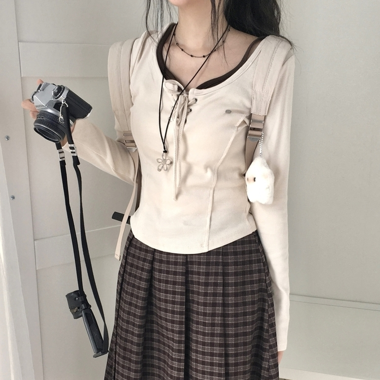 아일렛 레이어드 팬던트 리본 슬림 굴림 긴팔티셔츠