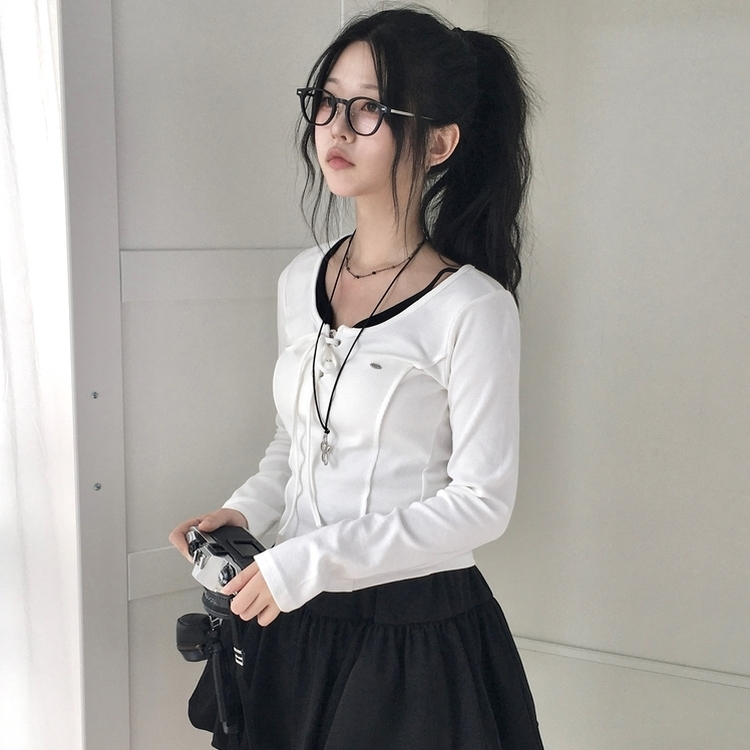 아일렛 레이어드 팬던트 리본 슬림 굴림 긴팔티셔츠