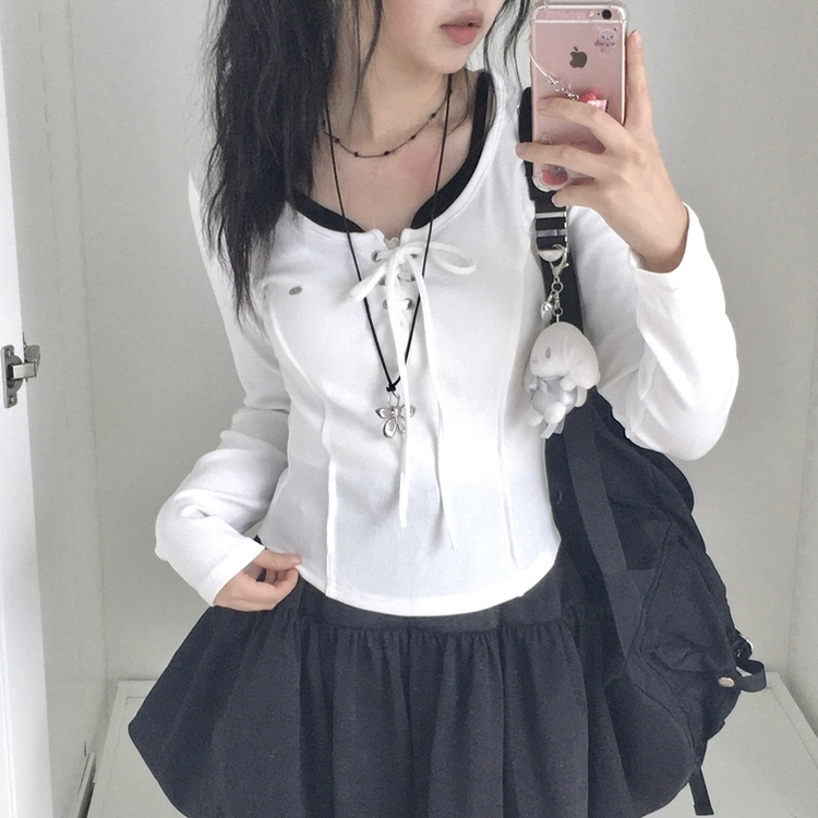 아일렛 레이어드 팬던트 리본 슬림 굴림 긴팔티셔츠