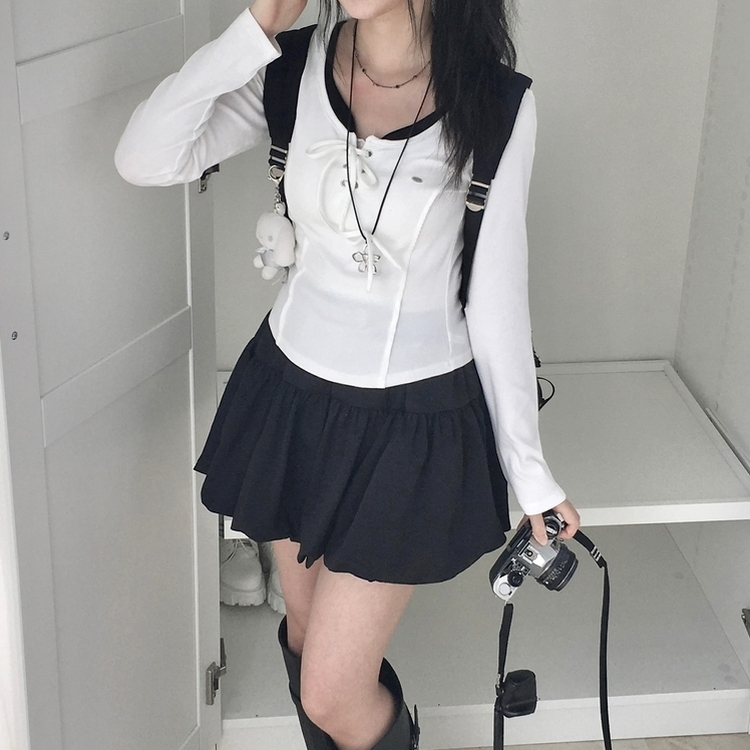 아일렛 레이어드 팬던트 리본 슬림 굴림 긴팔티셔츠