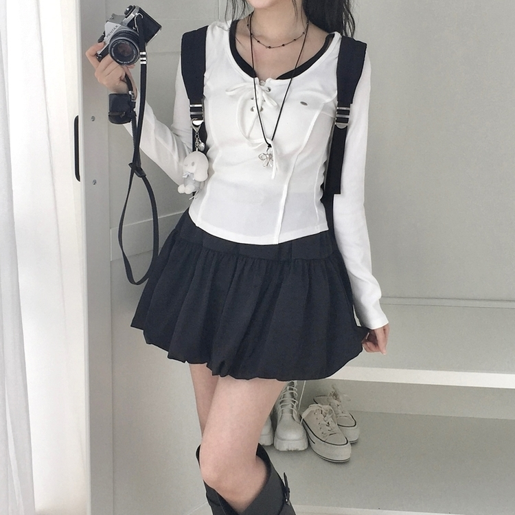 아일렛 레이어드 팬던트 리본 슬림 굴림 긴팔티셔츠