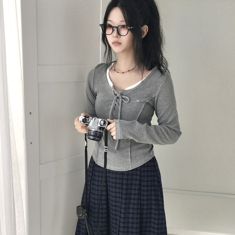 아일렛 레이어드 팬던트 리본 슬림 굴림 긴팔티셔츠