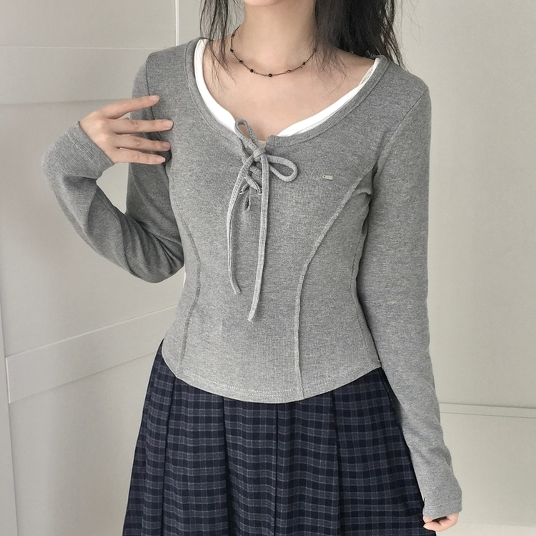 아일렛 레이어드 팬던트 리본 슬림 굴림 긴팔티셔츠