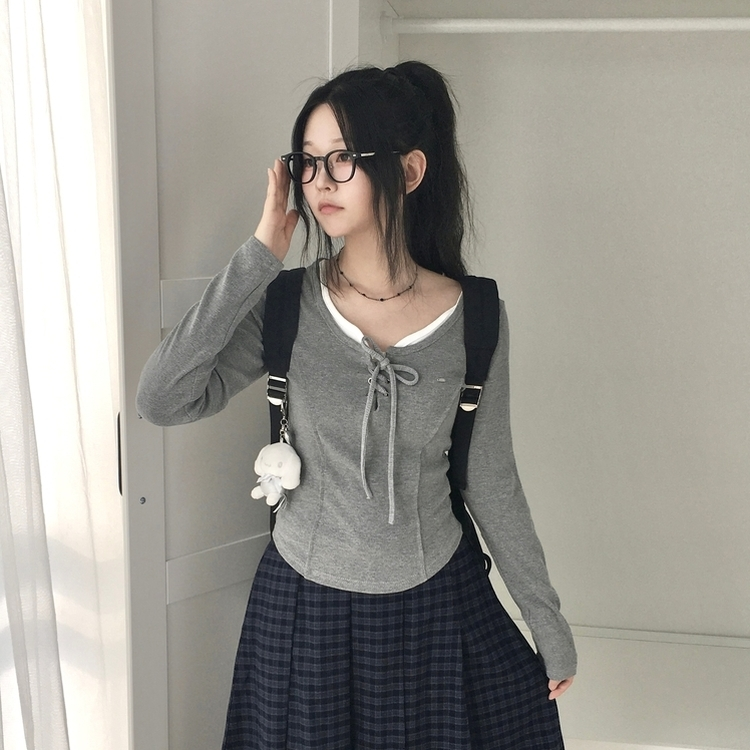 아일렛 레이어드 팬던트 리본 슬림 굴림 긴팔티셔츠