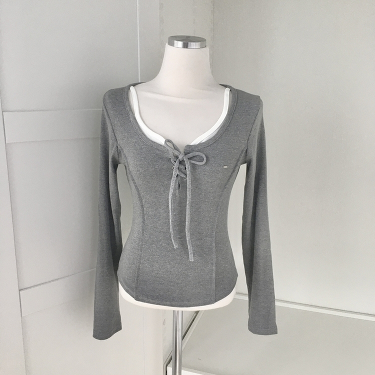 아일렛 레이어드 팬던트 리본 슬림 굴림 긴팔티셔츠