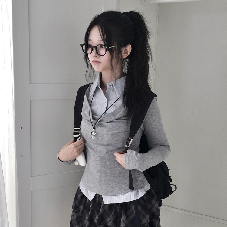 ストライプドレープ長袖Tシャツ｜長袖Tシャツ｜韓国ファッション