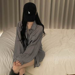 シースルーストライプサイドボタンシャツ GREY