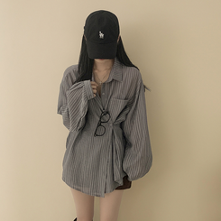 シースルーストライプサイドボタンシャツ GREY