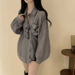 シースルーストライプサイドボタンシャツ GREY