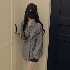 シースルーストライプサイドボタンシャツ GREY