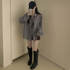 シースルーストライプサイドボタンシャツ GREY