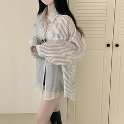 シースルーストライプサイドボタンシャツ WHITE