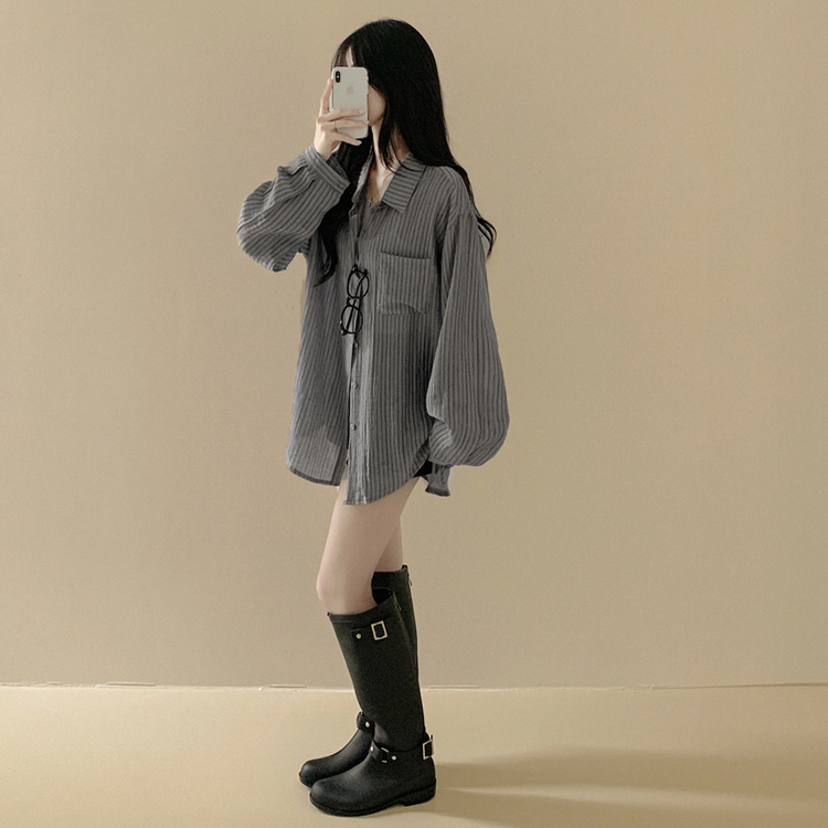 シースルーストライプサイドボタンシャツ GREY