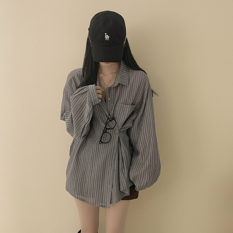 シースルーストライプサイドボタンシャツ GREY