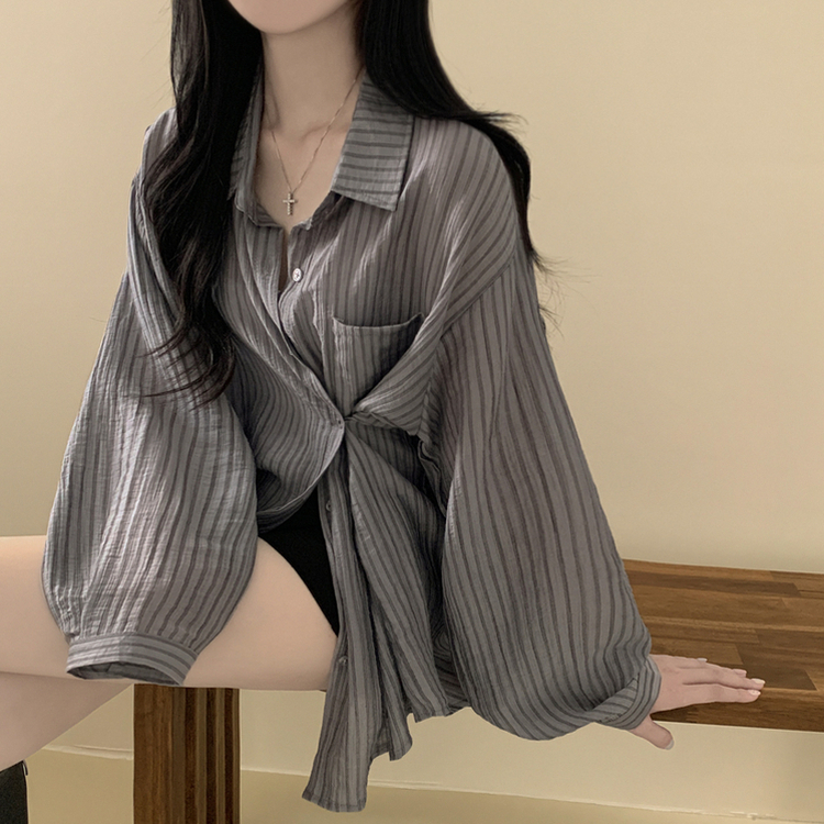 シースルーストライプサイドボタンシャツ GREY