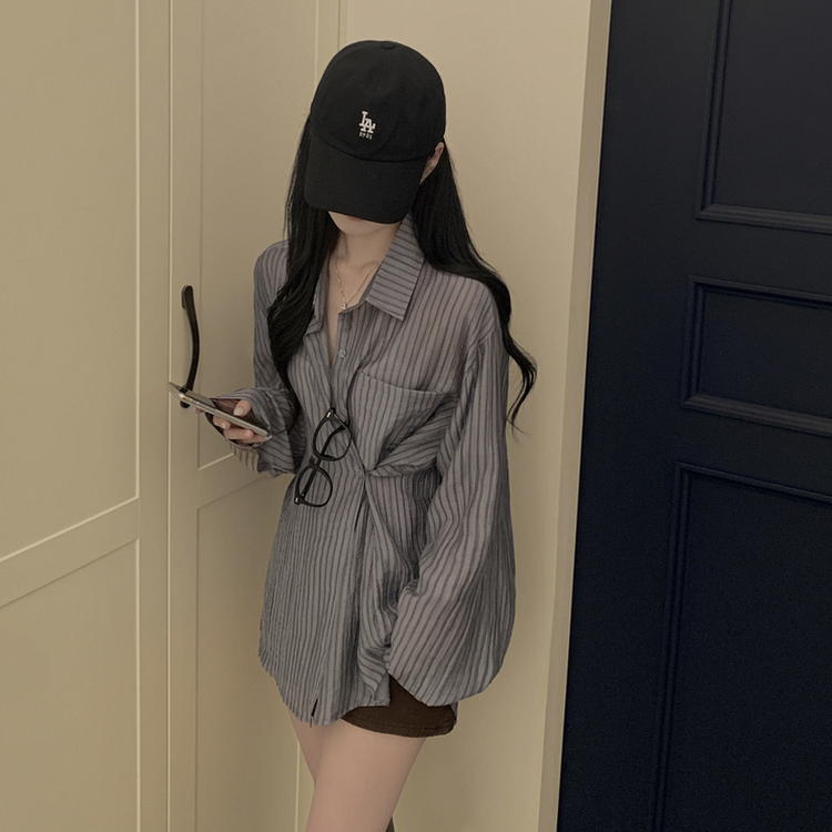 シースルーストライプサイドボタンシャツ GREY