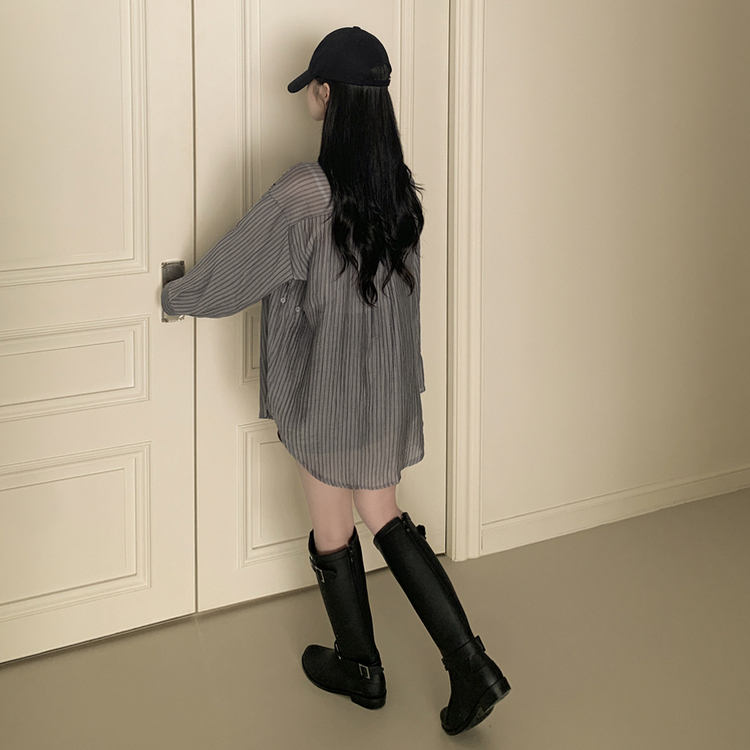 シースルーストライプサイドボタンシャツ GREY