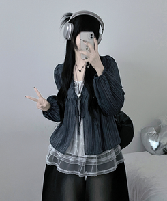 ストライプリボンレイヤードブラウス NAVY