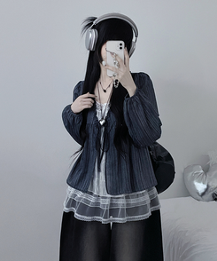 ストライプリボンレイヤードブラウス NAVY