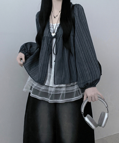 ストライプリボンレイヤードブラウス NAVY