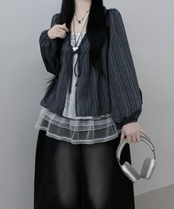 ストライプリボンレイヤードブラウス NAVY