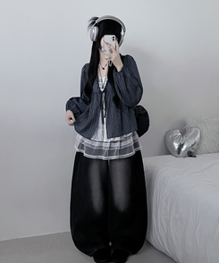 ストライプリボンレイヤードブラウス NAVY