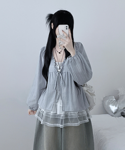 ストライプリボンレイヤードブラウス SKY BLUE