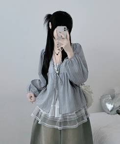 ストライプリボンレイヤードブラウス SKY BLUE