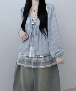 ストライプリボンレイヤードブラウス SKY BLUE