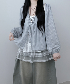 ストライプリボンレイヤードブラウス SKY BLUE