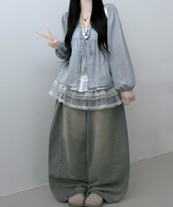 ストライプリボンレイヤードブラウス SKY BLUE